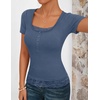 MEROKEETY Womens Summer Lace Trim Tops Cute Short Sleeve Ribbed Shirts 2026(Dusty Blue)