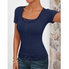 MEROKEETY Womens Summer Lace Trim Tops Cute Short Sleeve Ribbed Shirts 2026(Navy)
