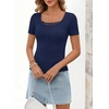MEROKEETY Womens Summer Lace Trim Tops Cute Short Sleeve Ribbed Shirts 2026(Navy)