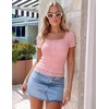 MEROKEETY Womens Summer Lace Trim Tops Cute Short Sleeve Ribbed Shirts 2026(Pink)