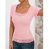 MEROKEETY Womens Summer Lace Trim Tops Cute Short Sleeve Ribbed Shirts 2026(Pink)