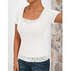 MEROKEETY Womens Summer Lace Trim Tops Cute Short Sleeve Ribbed Shirts 2026(White)