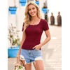 MEROKEETY Womens Summer Lace Trim Tops Cute Short Sleeve Ribbed Shirts 2026(Wine Red)