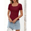 MEROKEETY Womens Summer Lace Trim Tops Cute Short Sleeve Ribbed Shirts 2026(Wine Red)