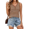 MEROKEETY Womens Summer Tank Tops Striped V Neck Sleeveless Henley Shirts(Brown)