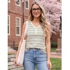 MEROKEETY Womens Summer Tank Tops Striped V Neck Sleeveless Henley Shirts(Grey)