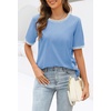 MEROKEETY Women’s Summer Tops 2026 Short Sleeve Casual Trendy Striped Color Block T Shirts Loose Blouse(Light Blue)
