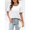 MEROKEETY Women’s Summer Tops 2026 Short Sleeve Casual Trendy Striped Color Block T Shirts Loose Blouse(White)