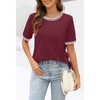 MEROKEETY Women’s Summer Tops 2026 Short Sleeve Casual Trendy Striped Color Block T Shirts Loose Blouse(Wine)