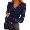 MEROKEETY Women Fall Lace Long Bell Sleeve Blouse V Neck Dressy Shirt Tops(Navy)