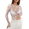 MEROKEETY Women Lace Mesh Sheer Long Sleeve Crew Neck Top Blouse Shirt 2026(White)