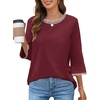 MEROKEETY Women’s 3/4 Length Sleeve Tops Dressy Casual Crew Neck Loose Trendy Spring Blouses T Shirts(Wine Red)