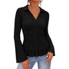 MEROKEETY Womens Business Casual Long Sleeve Button Down Shirts Ruched Tops(Black)