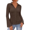 MEROKEETY Womens Business Casual Long Sleeve Button Down Shirts Ruched Tops(Brown)