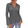 MEROKEETY Womens Business Casual Long Sleeve Button Down Shirts Ruched Tops(Gray)