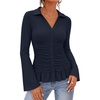 MEROKEETY Womens Business Casual Long Sleeve Button Down Shirts Ruched Tops(Navy)
