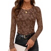 MEROKEETY Womens Fall Long Sleeve Floral Mesh Blouse Top 2026 Dressy Casual(Brown)