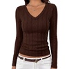 MEROKEETY Womens Fall Long Sleeve V Neck Top Trendy Shirt Business Casual(Brown)