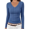 MEROKEETY Womens Fall Long Sleeve V Neck Top Trendy Shirt Business Casual(Dusty Blue)