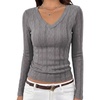 MEROKEETY Womens Fall Long Sleeve V Neck Top Trendy Shirt Business Casual(Grey)