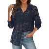 MEROKEETY Women’s Lace Long Sleeve Shirts Dressy Casual Tops Sheer Blouses(Navy)
