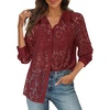 MEROKEETY Women’s Lace Long Sleeve Shirts Dressy Casual Tops Sheer Blouses(Winered)