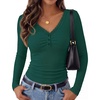 MEROKEETY Women’s Lace Trim V Neck Cute Tops Long Sleeve Henley Shirt(Darkgreen)