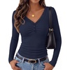 MEROKEETY Women’s Lace Trim V Neck Cute Tops Long Sleeve Henley Shirt(Navy)
