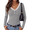 MEROKEETY Women’s Lace Trim V Neck Cute Tops Long Sleeve Henley Shirt(Stripeblack)
