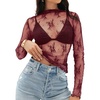 MEROKEETY Womens Mesh Sheer Lace Long Sleeve Mock Neck Blouse Shirt Tops(Burgundy)