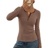 MEROKEETY Womens Striped Long Sleeve Fall Shirts Ribbed Fitted Henley Tops(Stripebrown)