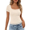 MEROKEETY Womens Summer Lace Trim Tops Cute Short Sleeve Ribbed Shirts 2026(Apricot)