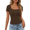 MEROKEETY Womens Summer Lace Trim Tops Cute Short Sleeve Ribbed Shirts 2026(Coffee)