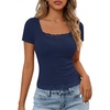 MEROKEETY Womens Summer Lace Trim Tops Cute Short Sleeve Ribbed Shirts 2026(Navy)