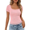 MEROKEETY Womens Summer Lace Trim Tops Cute Short Sleeve Ribbed Shirts 2026(Pink)