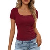 MEROKEETY Womens Summer Lace Trim Tops Cute Short Sleeve Ribbed Shirts 2026(Wine Red)