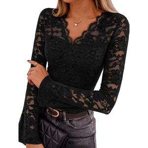 MEROKEETY Women Fall Lace Long Bell Sleeve Blouse V Neck Dressy Shirt Tops(Black)
