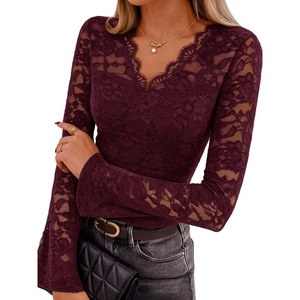 MEROKEETY Women Fall Lace Long Bell Sleeve Blouse V Neck Dressy Shirt Tops(Burgundy)