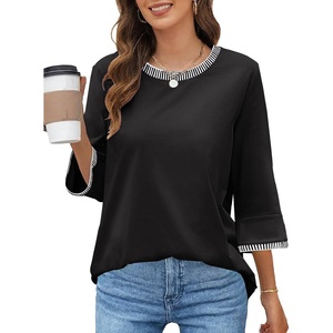 MEROKEETY Women’s 3/4 Length Sleeve Tops Dressy Casual Crew Neck Loose Trendy Spring Blouses T Shirts(Black)