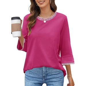 MEROKEETY Women’s 3/4 Length Sleeve Tops Dressy Casual Crew Neck Loose Trendy Spring Blouses T Shirts(Hot Pink)