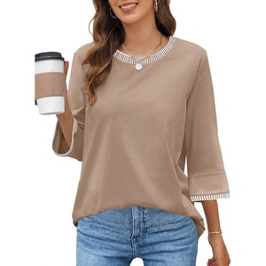 MEROKEETY Women’s 3/4 Length Sleeve Tops Dressy Casual Crew Neck Loose Trendy Spring Blouses T Shirts(Khaki)