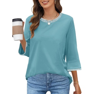 MEROKEETY Women’s 3/4 Length Sleeve Tops Dressy Casual Crew Neck Loose Trendy Spring Blouses T Shirts(Lake Blue)