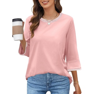 MEROKEETY Women’s 3/4 Length Sleeve Tops Dressy Casual Crew Neck Loose Trendy Spring Blouses T Shirts(Light Pink)