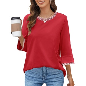 MEROKEETY Women’s 3/4 Length Sleeve Tops Dressy Casual Crew Neck Loose Trendy Spring Blouses T Shirts(Red)