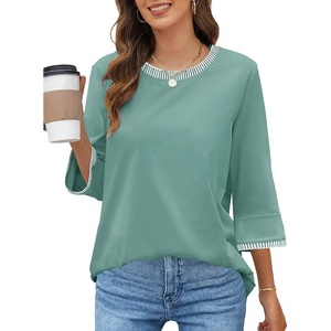 MEROKEETY Women’s 3/4 Length Sleeve Tops Dressy Casual Crew Neck Loose Trendy Spring Blouses T Shirts(Sage)