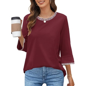 MEROKEETY Women’s 3/4 Length Sleeve Tops Dressy Casual Crew Neck Loose Trendy Spring Blouses T Shirts(Wine Red)