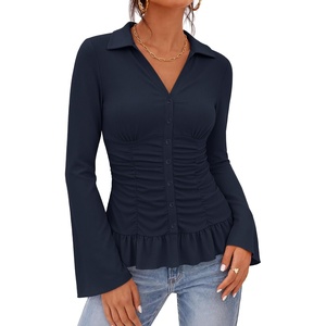 MEROKEETY Womens Business Casual Long Sleeve Button Down Shirts Ruched Tops(Navy)