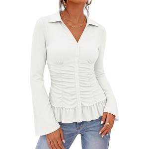 MEROKEETY Womens Business Casual Long Sleeve Button Down Shirts Ruched Tops(White)
