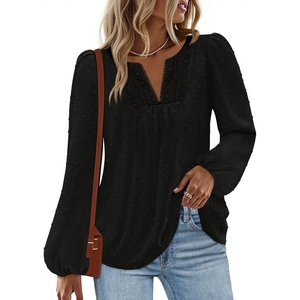 MEROKEETY Women’s Fall Long Sleeve Blouse Shirt 2025 Dressy Casual Crochet Lace V Neck Swiss Dot Tops(Black)
