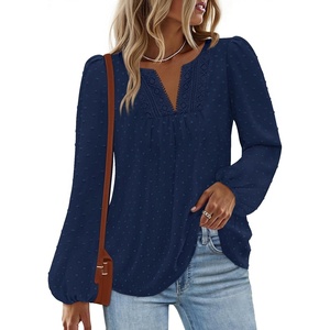 MEROKEETY Women’s Fall Long Sleeve Blouse Shirt 2025 Dressy Casual Crochet Lace V Neck Swiss Dot Tops(Navy)